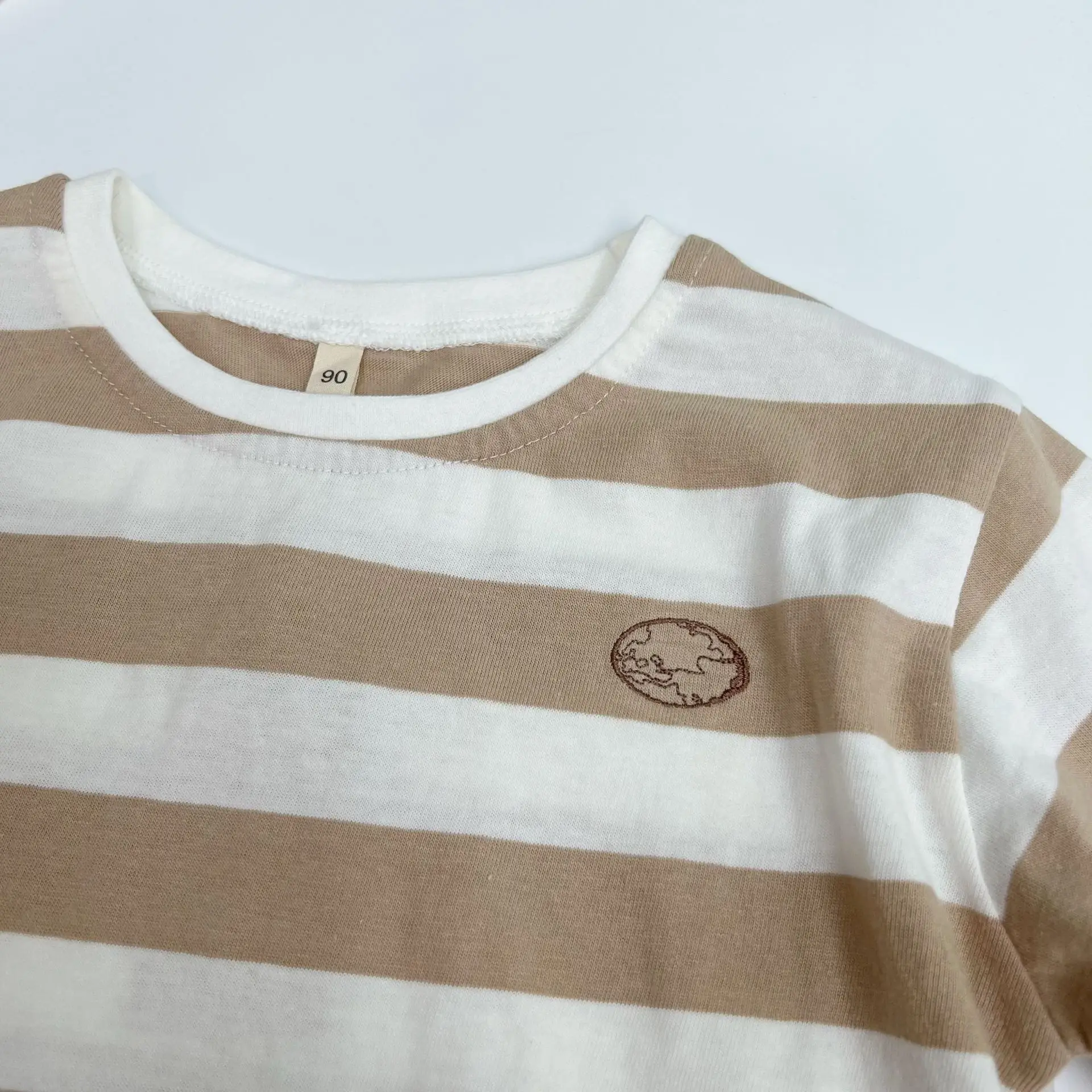 2025 Kids T-Shirt Brown White Stripes Round Neck Embroidered - Image 4