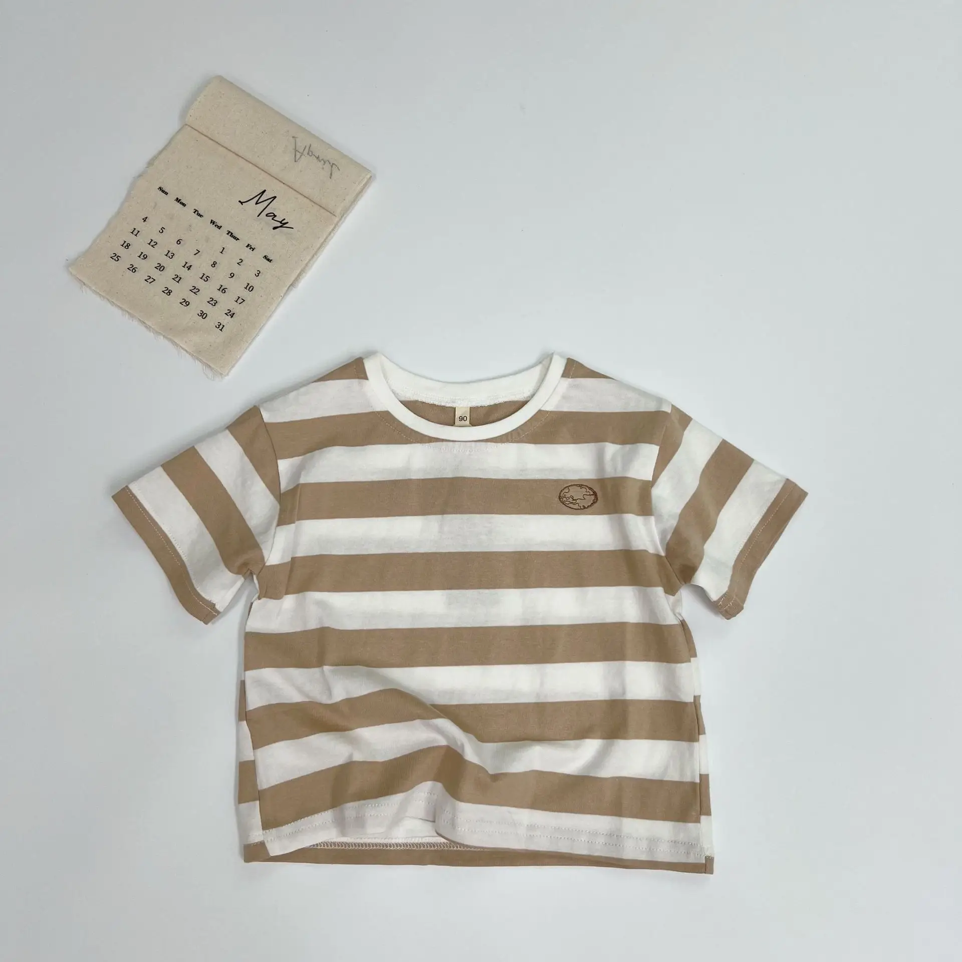2025 Kids T-Shirt Brown White Stripes Round Neck Embroidered - Image 2