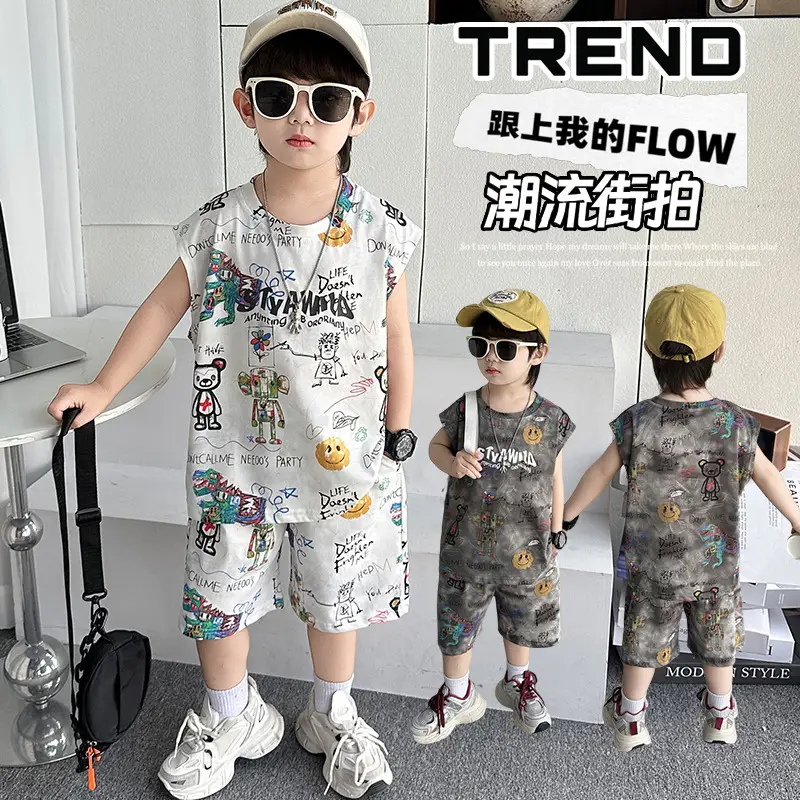 Cross-Border Boys Summer Cartoon T-Shirt Cargo Shorts Set - Image 4