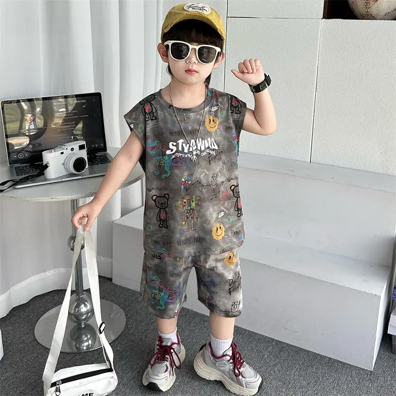 Cross-Border Boys Summer Cartoon T-Shirt Cargo Shorts Set - Image 2