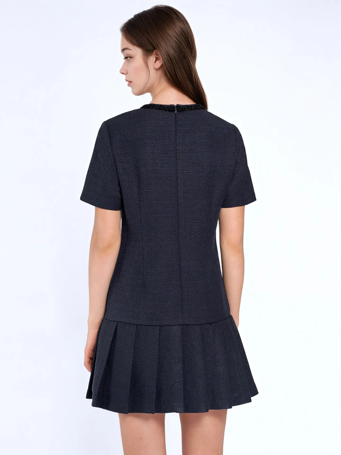 Dark Blue Pleated Short Sleeve Dress with Buttons