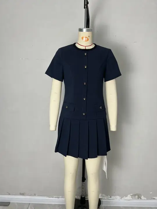 Dark Blue Pleated Short Sleeve Dress with Buttons
