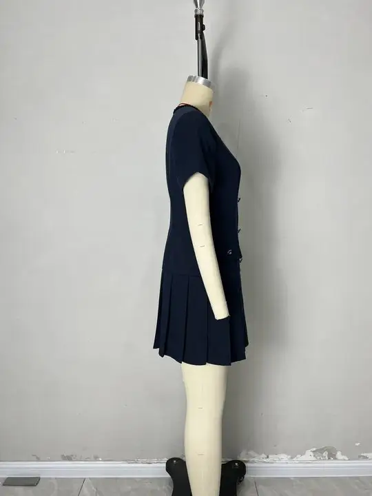 Dark Blue Pleated Short Sleeve Dress with Buttons