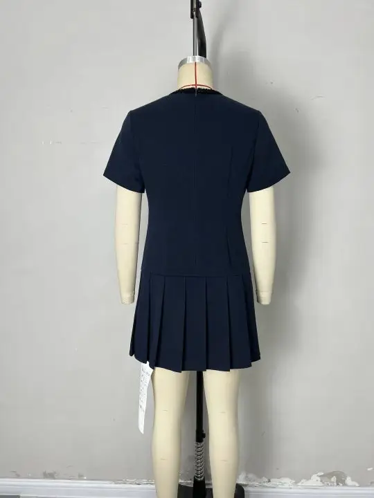 Dark Blue Pleated Short Sleeve Dress with Buttons