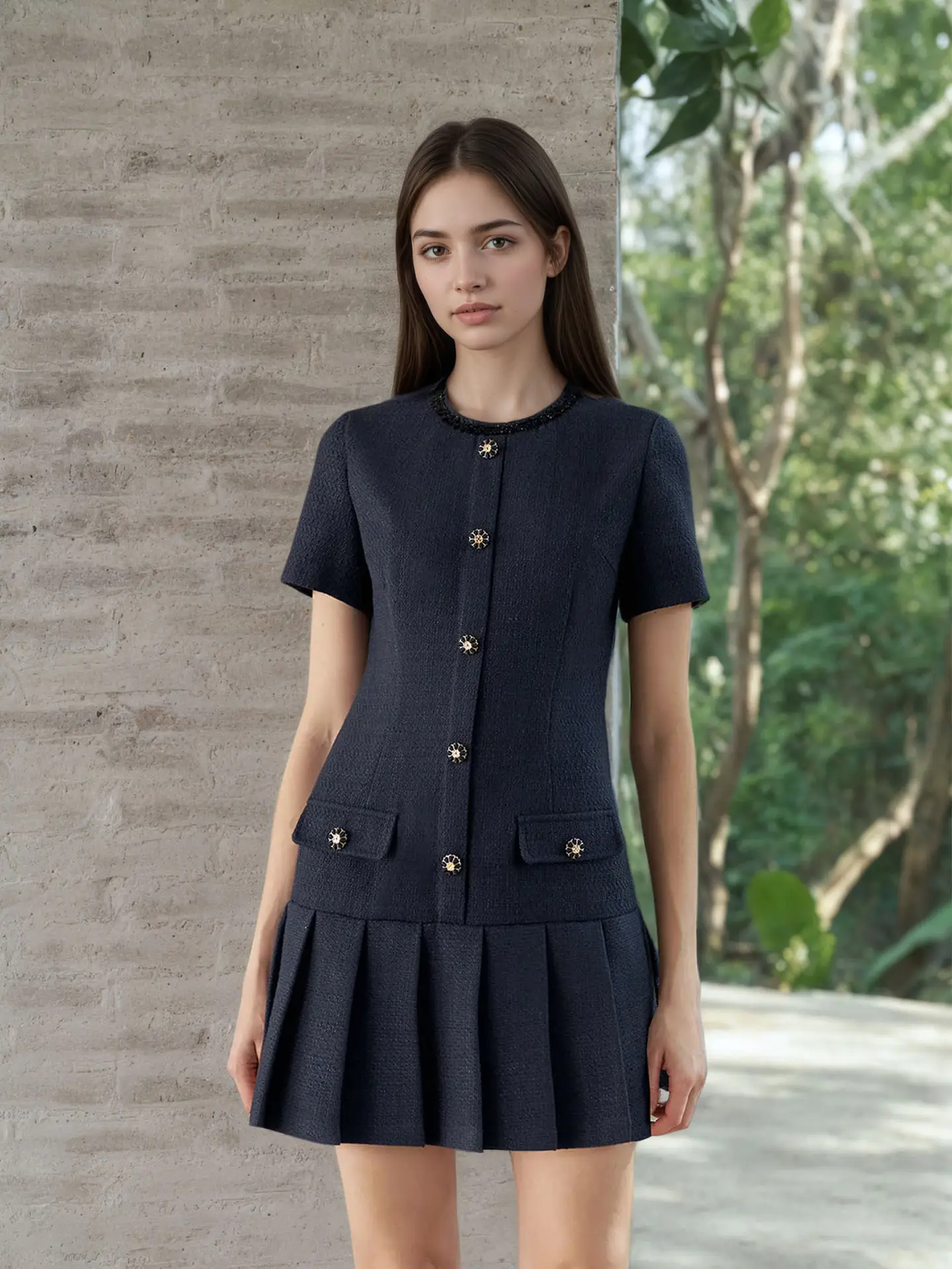Dark Blue Pleated Short Sleeve Dress with Buttons — feature 10