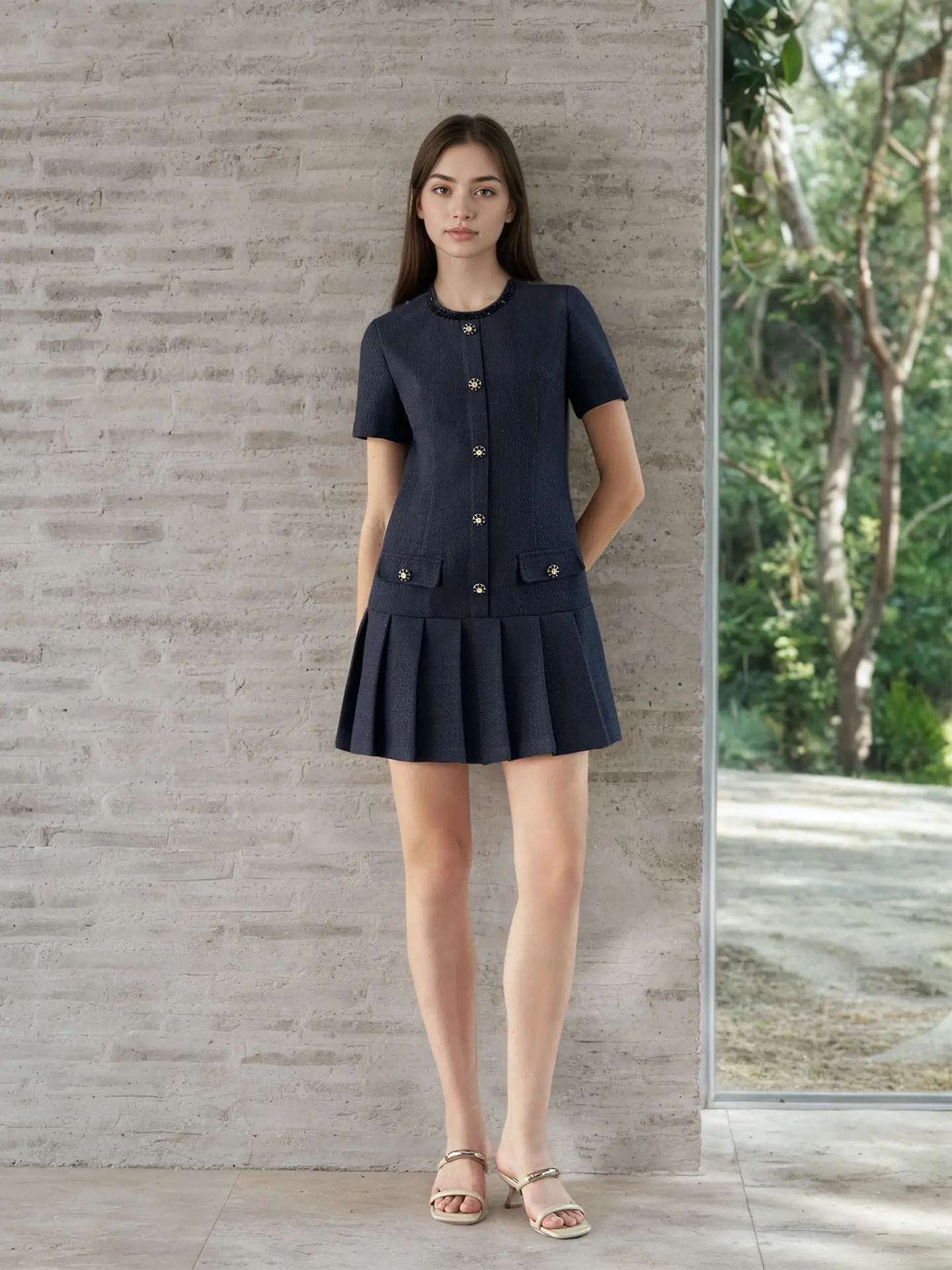 Dark Blue Pleated Short Sleeve Dress with Buttons — feature 8