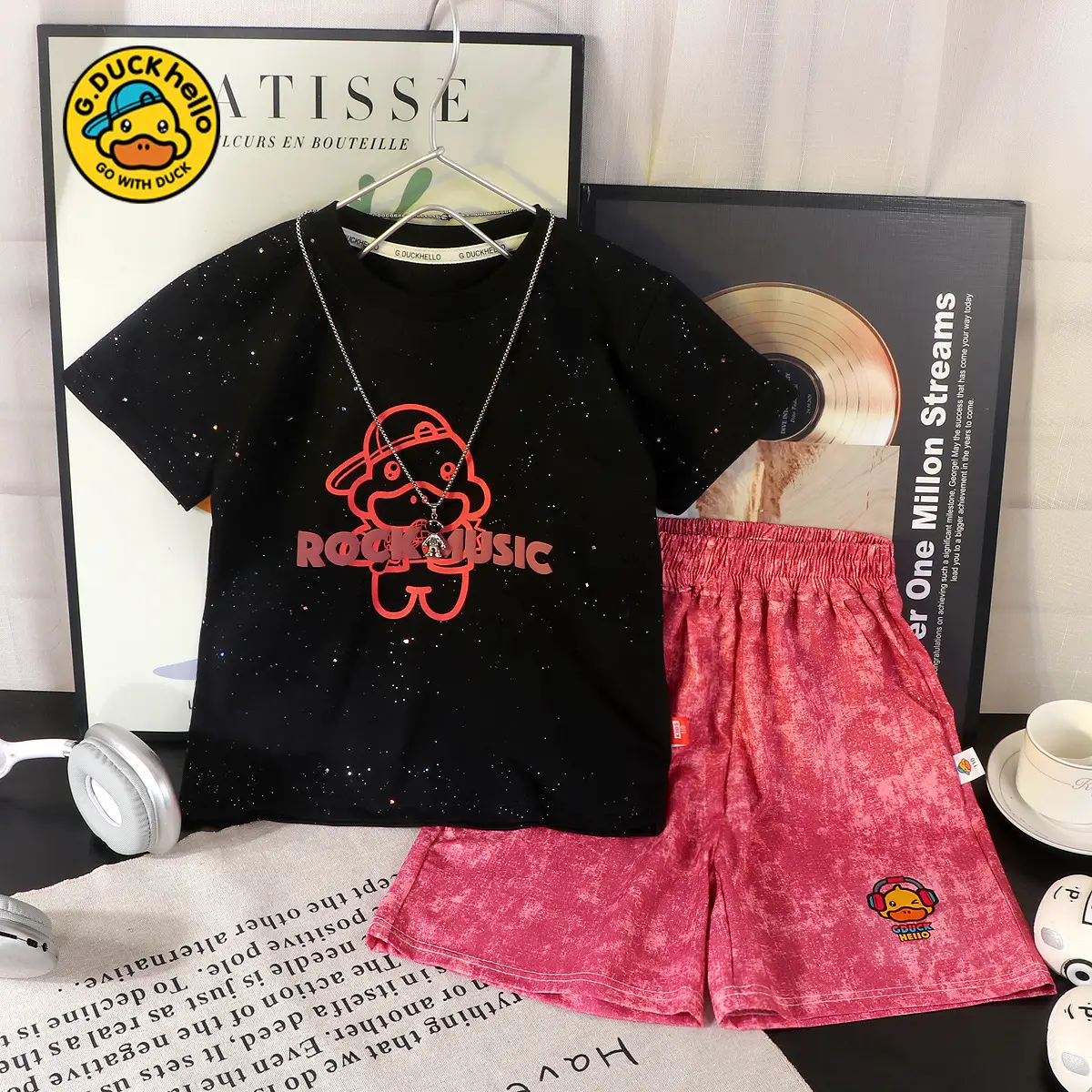 Kids Cartoon T-Shirt Set Black Pink Short Sleeve Cotton - Image 4