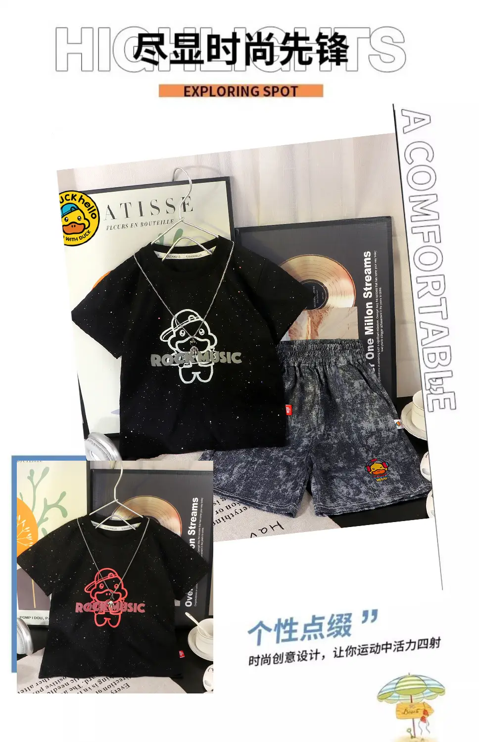 Kids Cartoon T-Shirt Set Black Pink Short Sleeve Cotton — feature 2