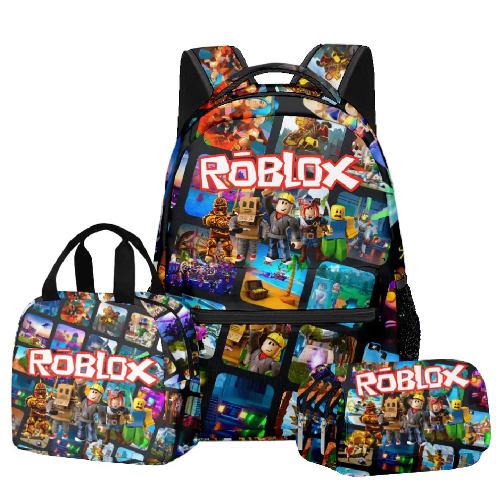 Hot-Selling Roblox Schoolbags for Primary and Secondary School Students, Lunch Bags, Double-Layer Pencil Cases, Three-Piece Set, Full-Print Casual Bags