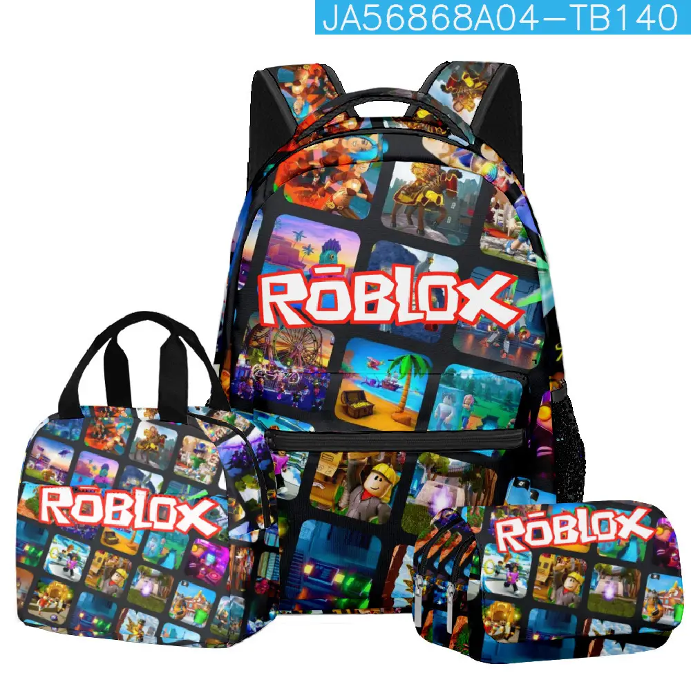 Hot-Selling Roblox Schoolbags for Primary and Secondary School Students, Lunch Bags, Double-Layer Pencil Cases, Three-Piece Set, Full-Print Casual Bags