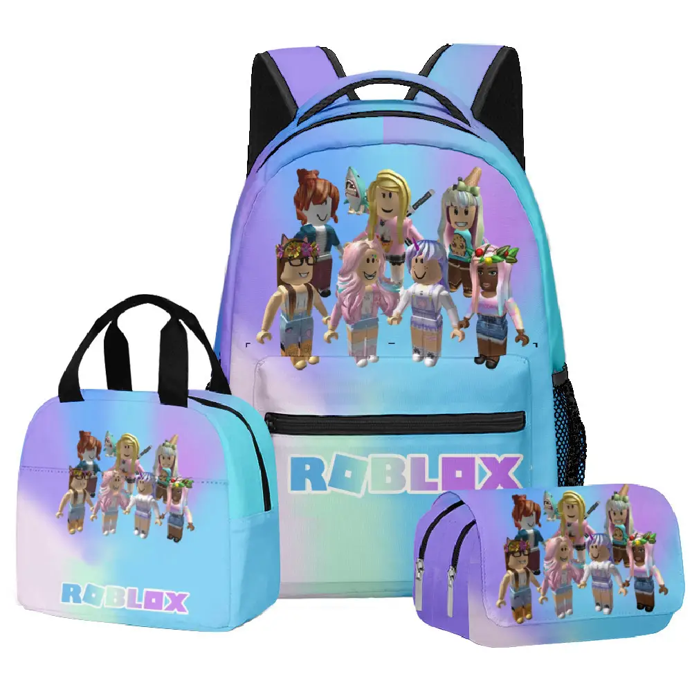 Hot-Selling Roblox Schoolbags for Primary and Secondary School Students, Lunch Bags, Double-Layer Pencil Cases, Three-Piece Set, Full-Print Casual Bags