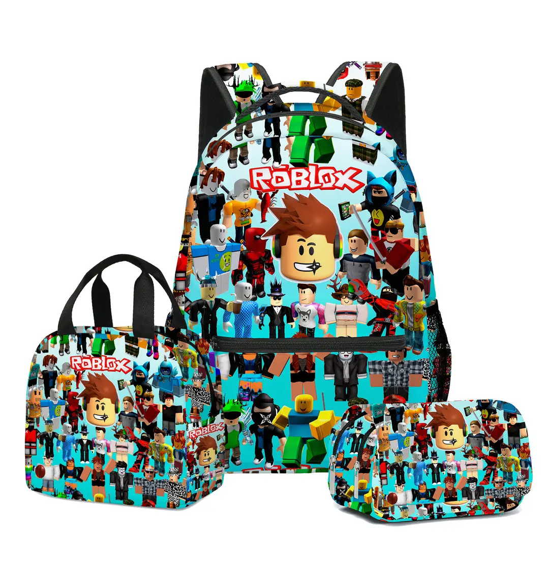 Hot-Selling Roblox Schoolbags for Primary and Secondary School Students, Lunch Bags, Double-Layer Pencil Cases, Three-Piece Set, Full-Print Casual Bags
