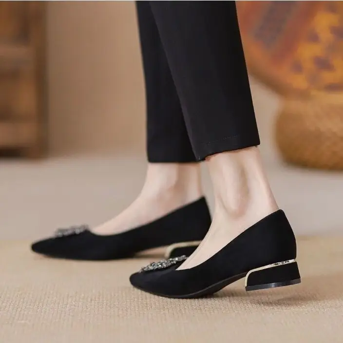 Thick-Heeled Women's Shoes for Summer 2026, New Spring and Autumn Style, Pointed Toe, Elegant Shallow Mouth, Black High-Heeled Shoes for Commuting, Mid-Heel Work Shoes