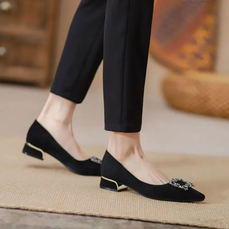 Thick-Heeled Women's Shoes for Summer 2026, New Spring and Autumn Style, Pointed Toe, Elegant Shallow Mouth, Black High-Heeled Shoes for Commuting, Mid-Heel Work Shoes