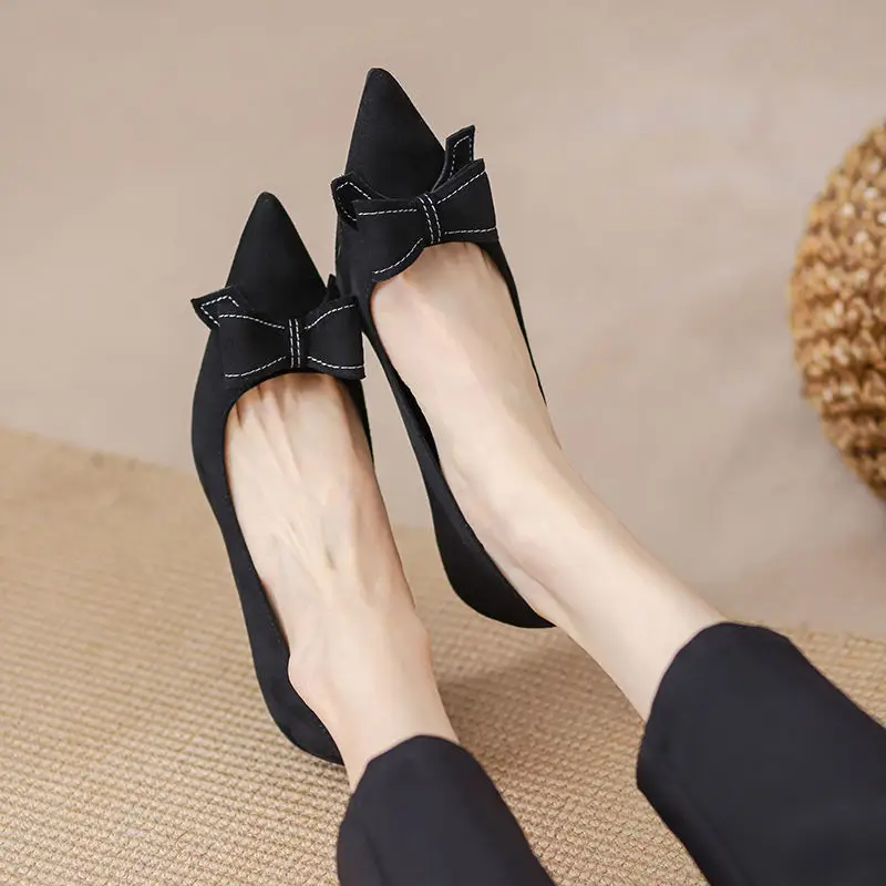High-Heeled Shoes for Women, Stiletto Heels, 2026 Spring and Autumn New Style, French Mid-Heel, Pointed Toe, Black Bow, Commuting Professional Single Shoes for Women - Image 4