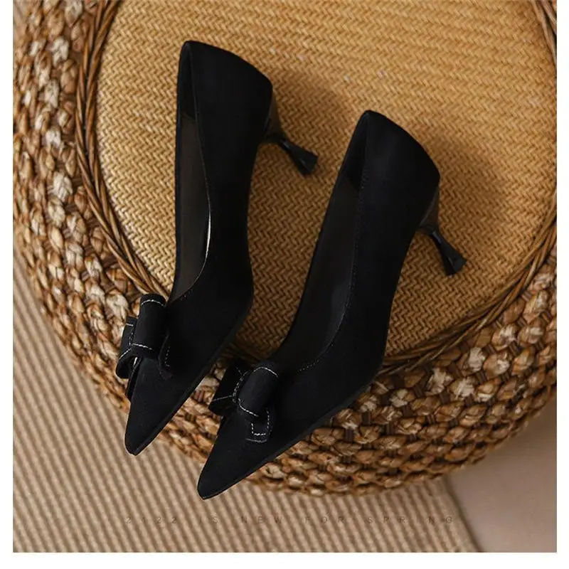 High-Heeled Shoes for Women, Stiletto Heels, 2026 Spring and Autumn New Style, French Mid-Heel, Pointed Toe, Black Bow, Commuting Professional Single Shoes for Women - Image 6