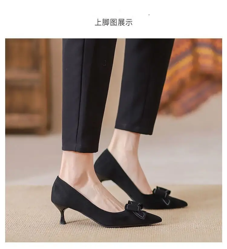 High-Heeled Shoes for Women, Stiletto Heels, 2026 Spring and Autumn New Style, French Mid-Heel, Pointed Toe, Black Bow, Commuting Professional Single Shoes for Women — feature 5