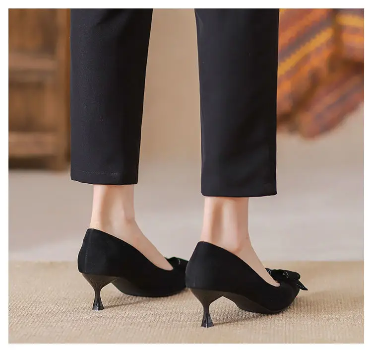 High-Heeled Shoes for Women, Stiletto Heels, 2026 Spring and Autumn New Style, French Mid-Heel, Pointed Toe, Black Bow, Commuting Professional Single Shoes for Women — feature 6