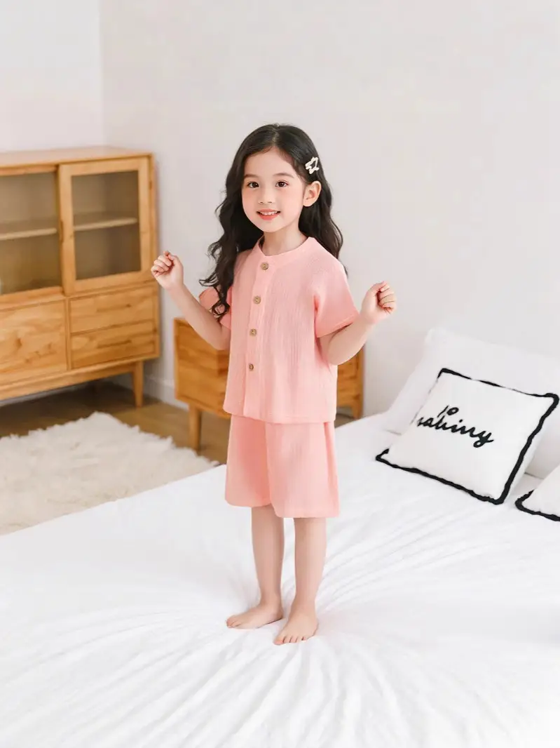 Summer Kidsren's Short-Sleeved Shorts Suit Boys and Girls Double-Layer Gauze Pajamas Wrinkled Cotton Korean Style Pure Color Home Clothes