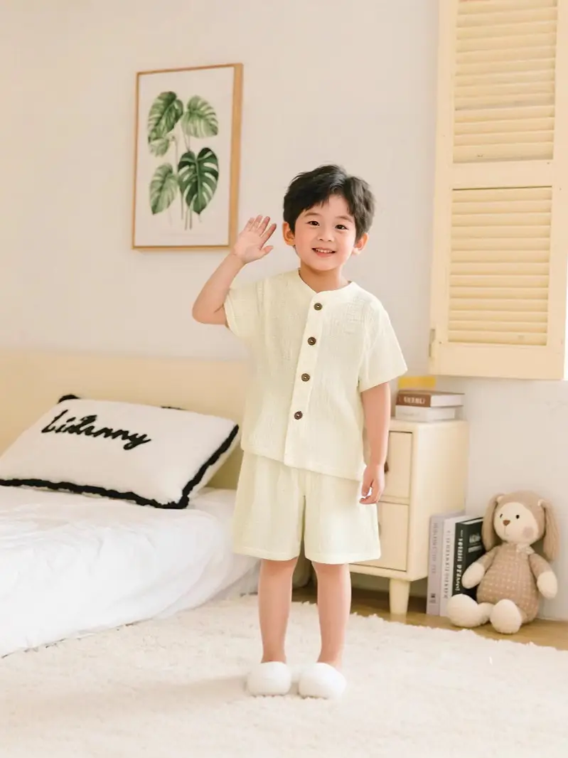 Summer Kidsren's Short-Sleeved Shorts Suit Boys and Girls Double-Layer Gauze Pajamas Wrinkled Cotton Korean Style Pure Color Home Clothes