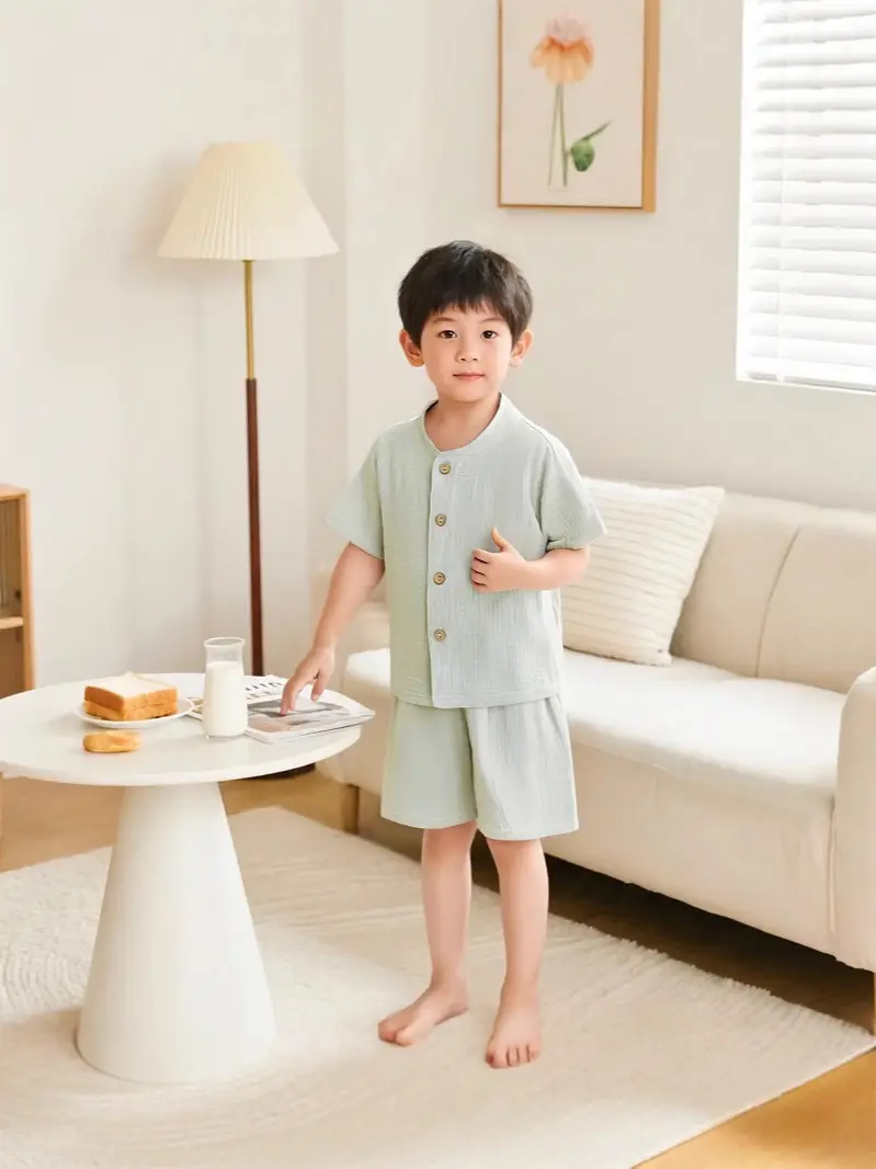 Summer Kidsren's Short-Sleeved Shorts Suit Boys and Girls Double-Layer Gauze Pajamas Wrinkled Cotton Korean Style Pure Color Home Clothes