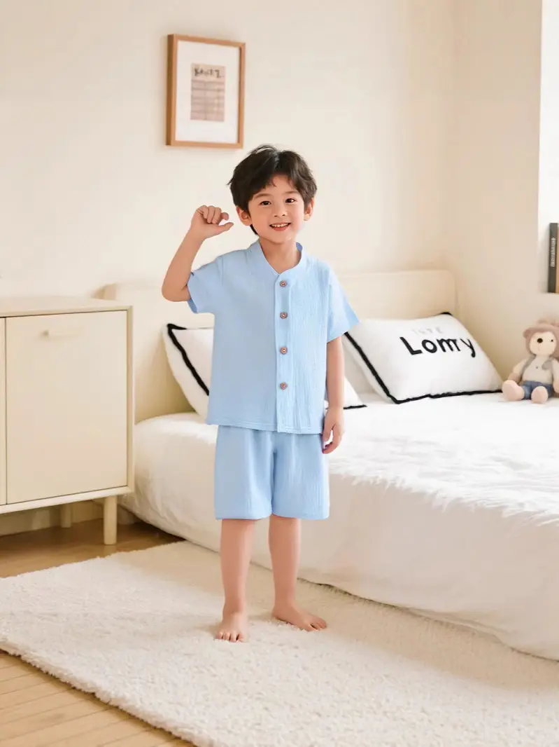 Summer Kidsren's Short-Sleeved Shorts Suit Boys and Girls Double-Layer Gauze Pajamas Wrinkled Cotton Korean Style Pure Color Home Clothes