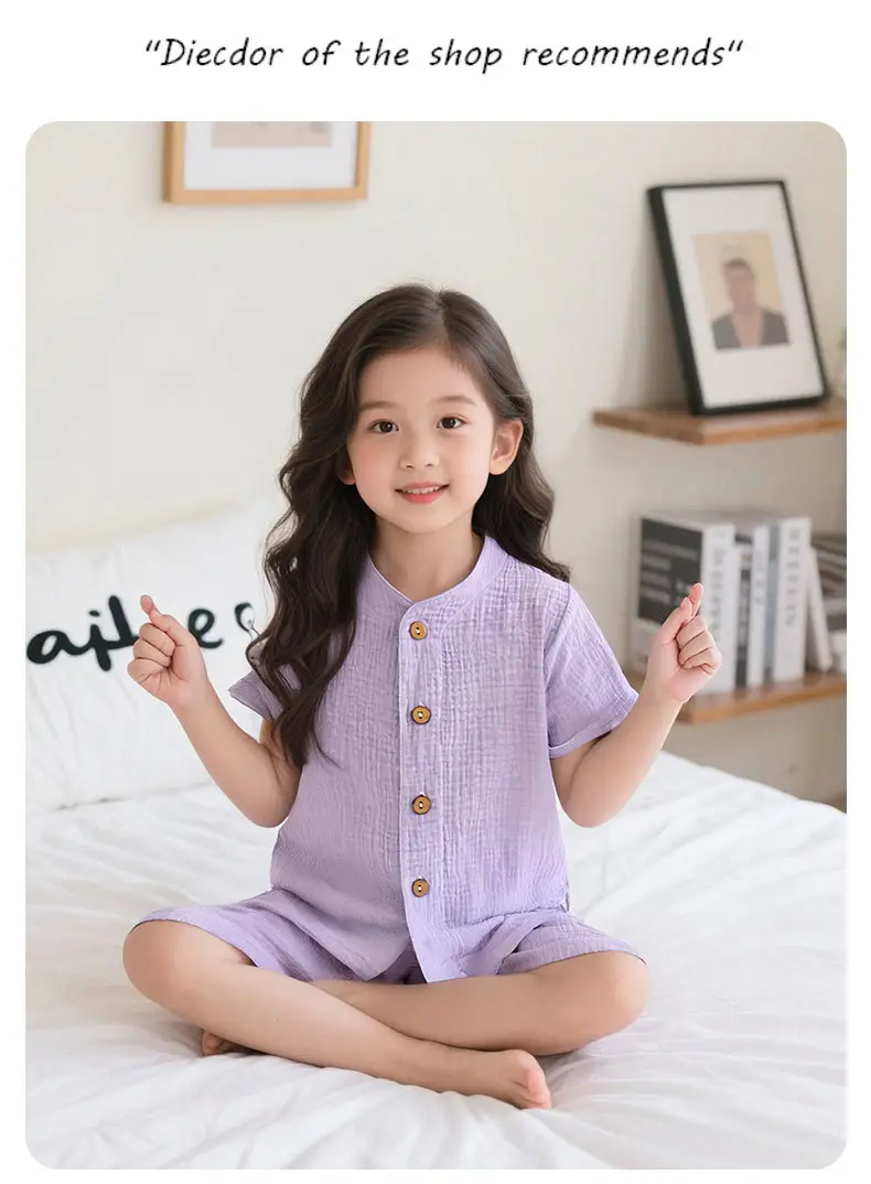Summer Kidsren's Short-Sleeved Shorts Suit Boys and Girls Double-Layer Gauze Pajamas Wrinkled Cotton Korean Style Pure Color Home Clothes — feature 10