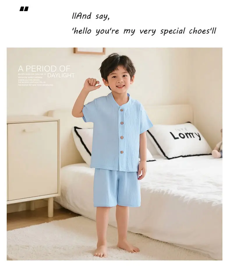 Summer Kidsren's Short-Sleeved Shorts Suit Boys and Girls Double-Layer Gauze Pajamas Wrinkled Cotton Korean Style Pure Color Home Clothes — feature 11