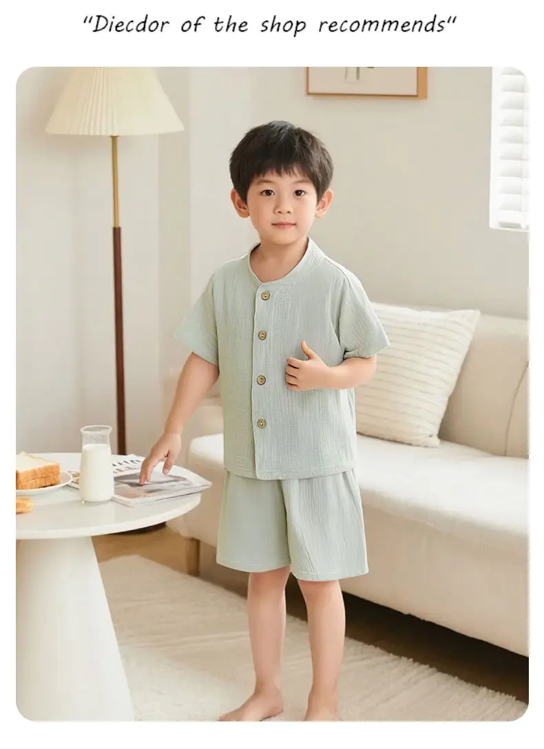 Summer Kidsren's Short-Sleeved Shorts Suit Boys and Girls Double-Layer Gauze Pajamas Wrinkled Cotton Korean Style Pure Color Home Clothes — feature 12