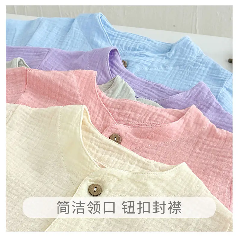 Summer Kidsren's Short-Sleeved Shorts Suit Boys and Girls Double-Layer Gauze Pajamas Wrinkled Cotton Korean Style Pure Color Home Clothes — feature 14