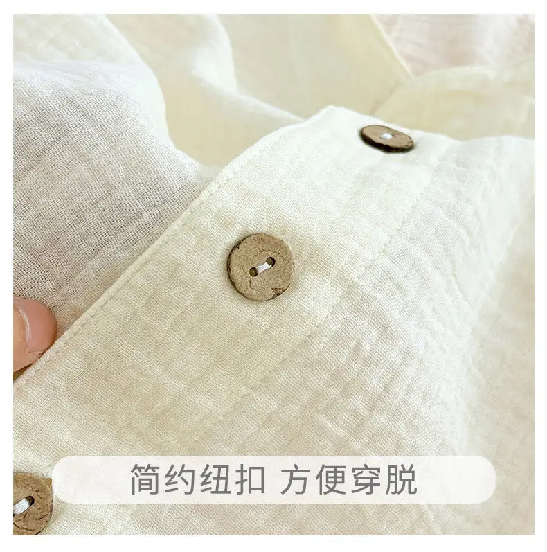 Summer Kidsren's Short-Sleeved Shorts Suit Boys and Girls Double-Layer Gauze Pajamas Wrinkled Cotton Korean Style Pure Color Home Clothes — feature 15