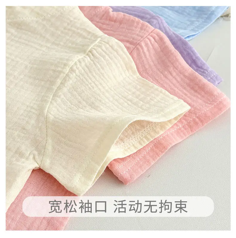 Summer Kidsren's Short-Sleeved Shorts Suit Boys and Girls Double-Layer Gauze Pajamas Wrinkled Cotton Korean Style Pure Color Home Clothes — feature 16