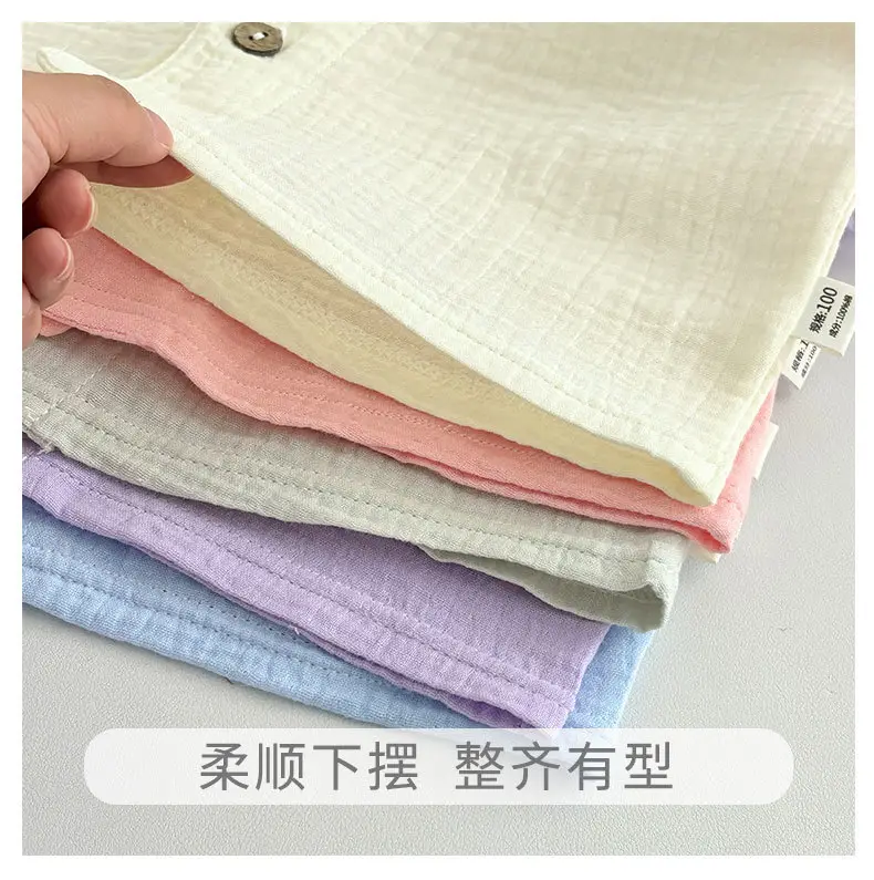 Summer Kidsren's Short-Sleeved Shorts Suit Boys and Girls Double-Layer Gauze Pajamas Wrinkled Cotton Korean Style Pure Color Home Clothes — feature 17