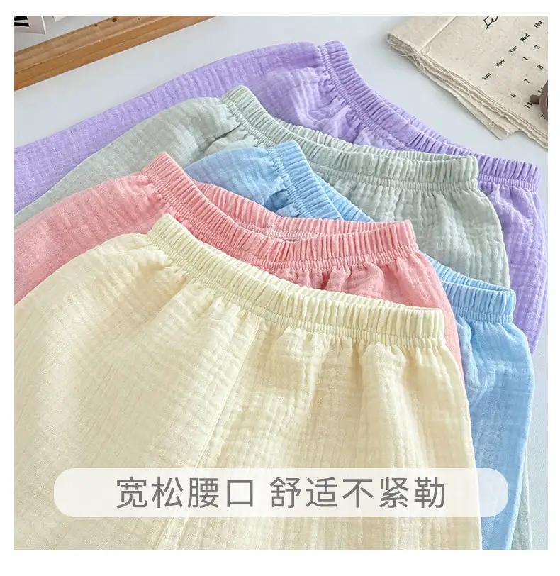 Summer Kidsren's Short-Sleeved Shorts Suit Boys and Girls Double-Layer Gauze Pajamas Wrinkled Cotton Korean Style Pure Color Home Clothes — feature 18