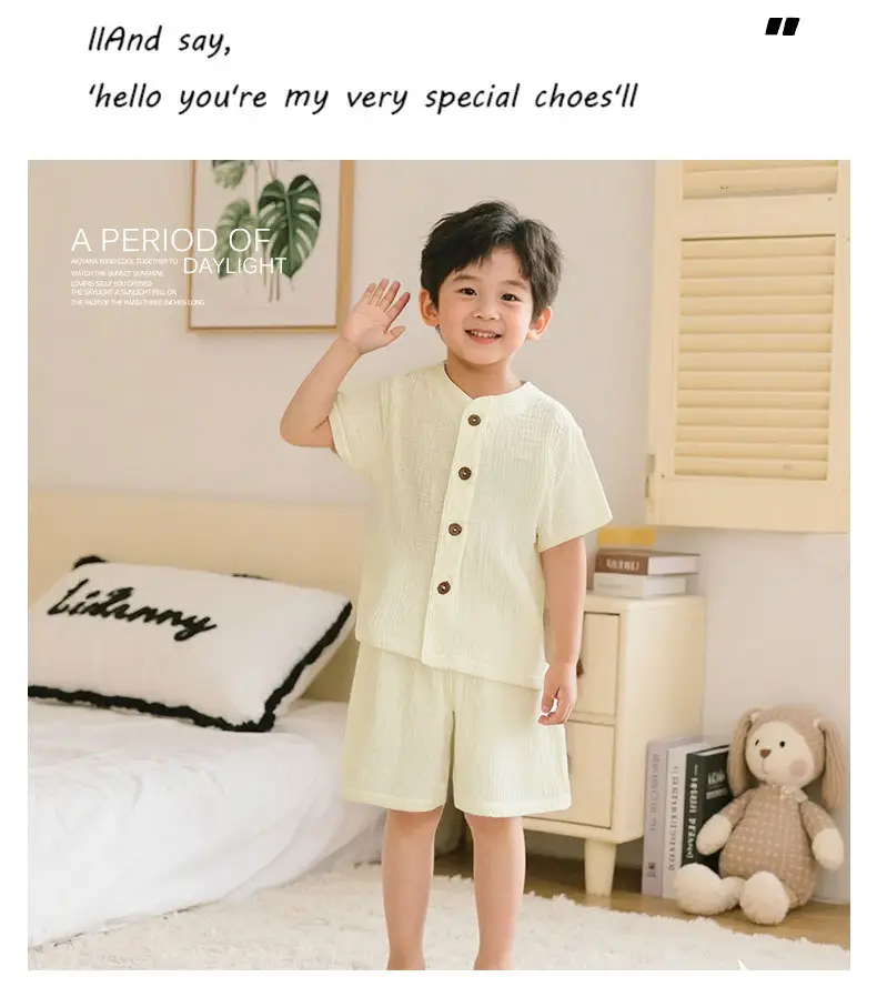 Summer Kidsren's Short-Sleeved Shorts Suit Boys and Girls Double-Layer Gauze Pajamas Wrinkled Cotton Korean Style Pure Color Home Clothes — feature 9