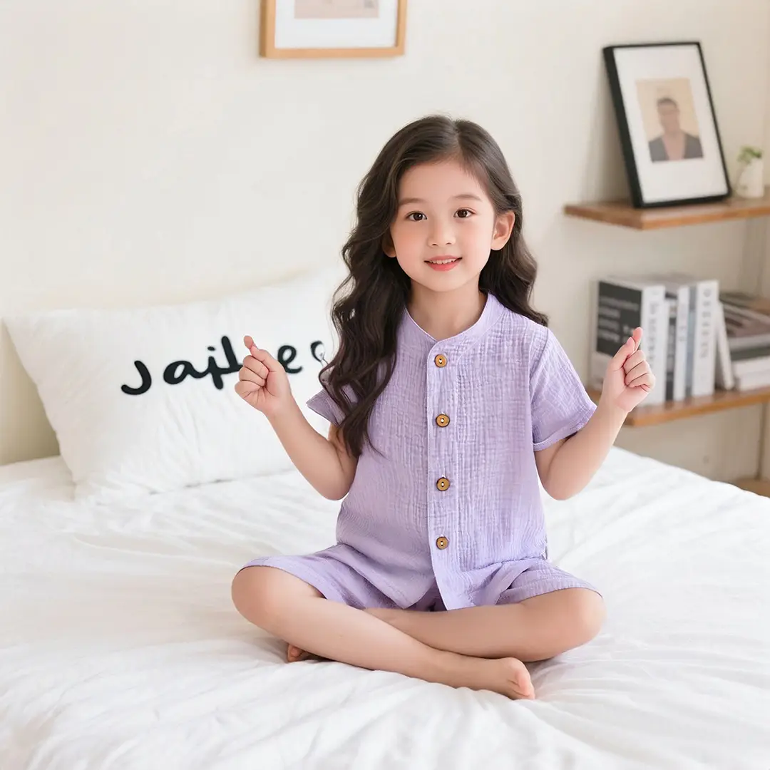 Summer Kidsren's Short-Sleeved Shorts Suit Boys and Girls Double-Layer Gauze Pajamas Wrinkled Cotton Korean Style Pure Color Home Clothes