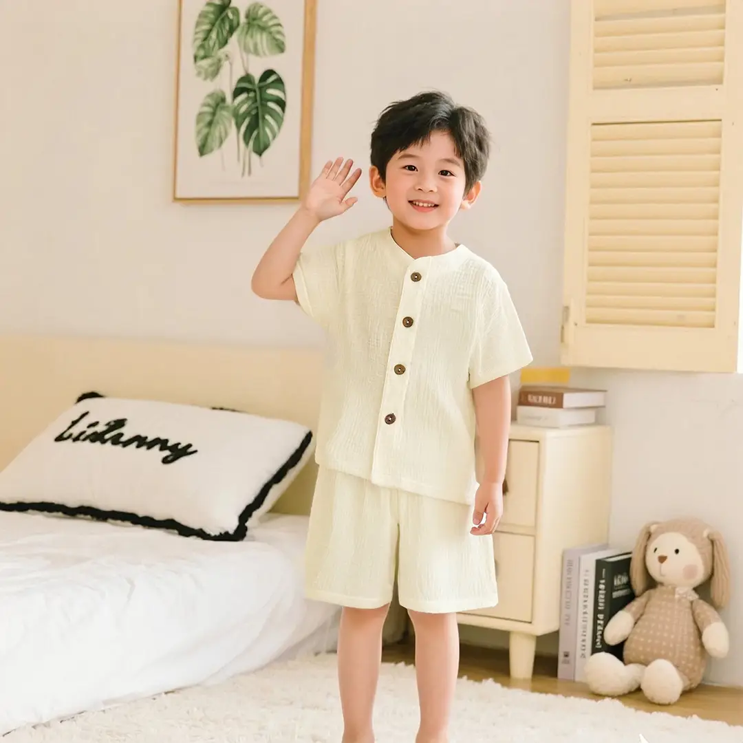 Summer Kidsren's Short-Sleeved Shorts Suit Boys and Girls Double-Layer Gauze Pajamas Wrinkled Cotton Korean Style Pure Color Home Clothes