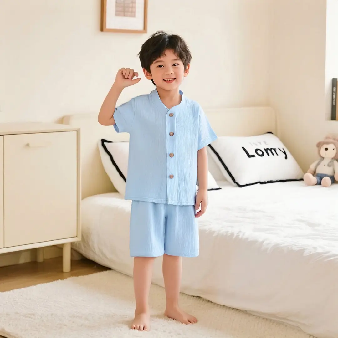 Summer Kidsren's Short-Sleeved Shorts Suit Boys and Girls Double-Layer Gauze Pajamas Wrinkled Cotton Korean Style Pure Color Home Clothes