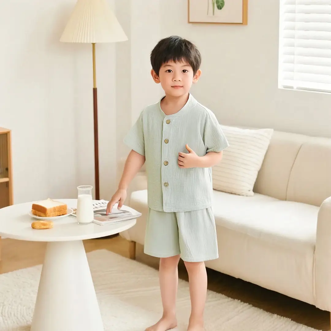 Summer Kidsren's Short-Sleeved Shorts Suit Boys and Girls Double-Layer Gauze Pajamas Wrinkled Cotton Korean Style Pure Color Home Clothes