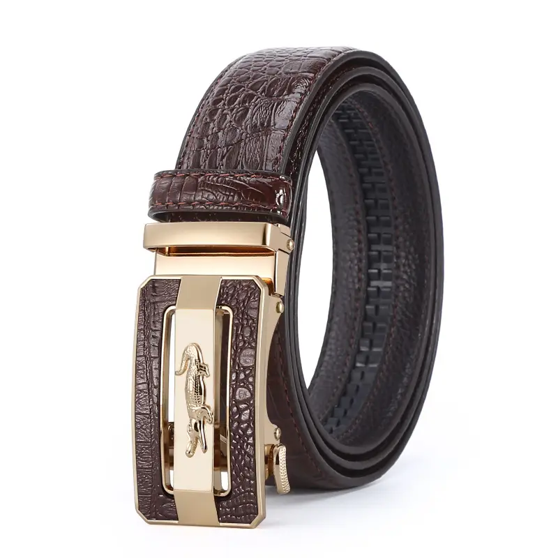 Men's Croc Leather Belt Brown Black Gold Buckle Wholesale - Image 4