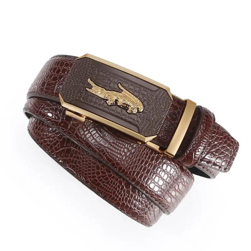 Men's Croc Leather Belt Brown Black Gold Buckle Wholesale - Image 8