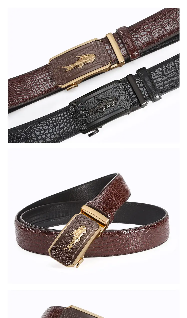 Men's Croc Leather Belt Brown Black Gold Buckle Wholesale — feature 7