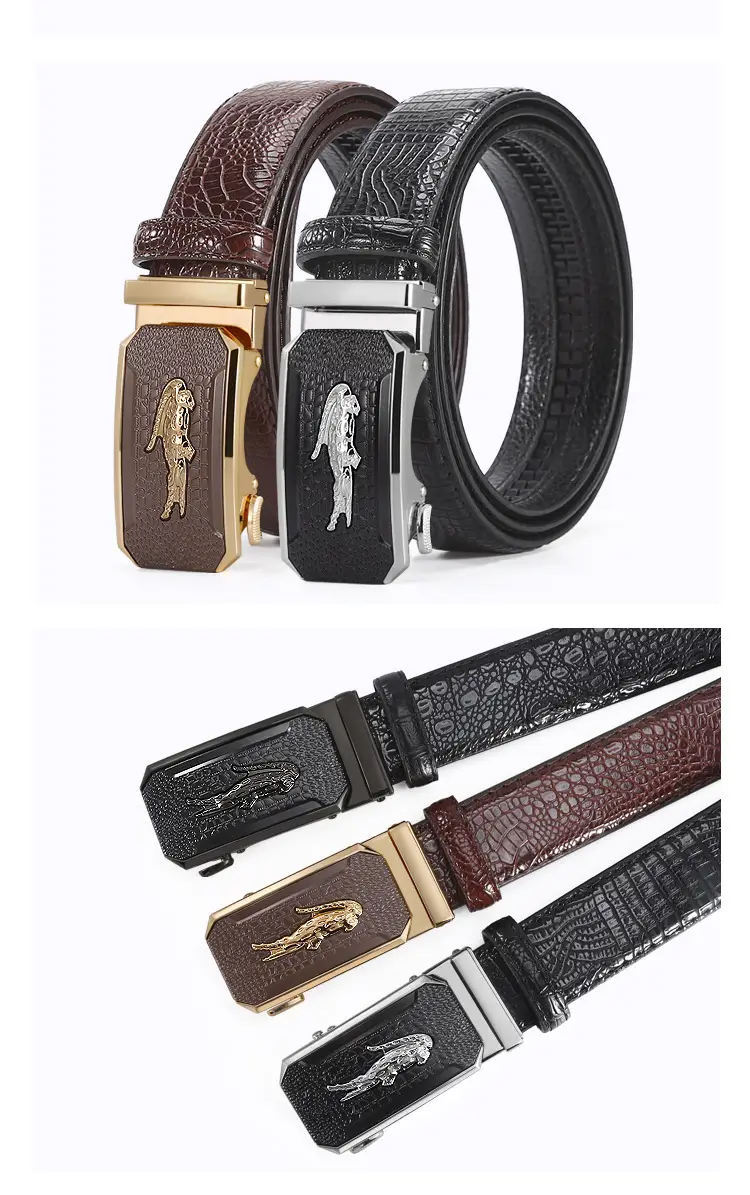 Men's Croc Leather Belt Brown Black Gold Buckle Wholesale — feature 9