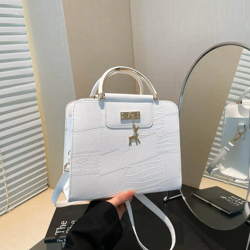 Women's Light Blue Croc Texture Shoulder Bag with Keychain - Image 6