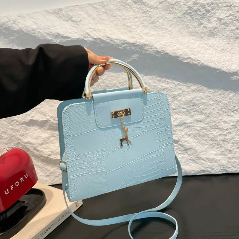 Women's Light Blue Croc Texture Shoulder Bag with Keychain - Image 9