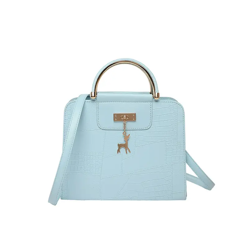 Women's Light Blue Croc Texture Shoulder Bag with Keychain - Image 10