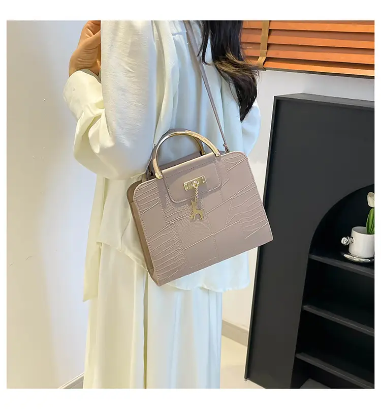Women's Light Blue Croc Texture Shoulder Bag with Keychain — feature 10