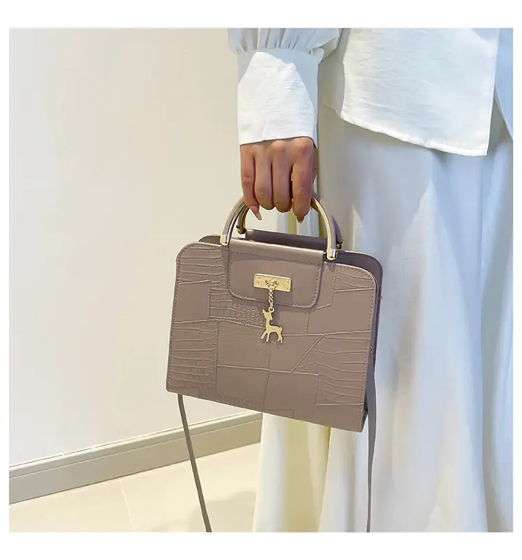 Women's Light Blue Croc Texture Shoulder Bag with Keychain — feature 12
