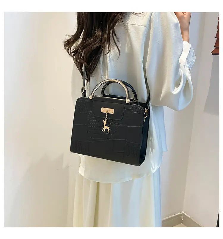 Women's Light Blue Croc Texture Shoulder Bag with Keychain — feature 16