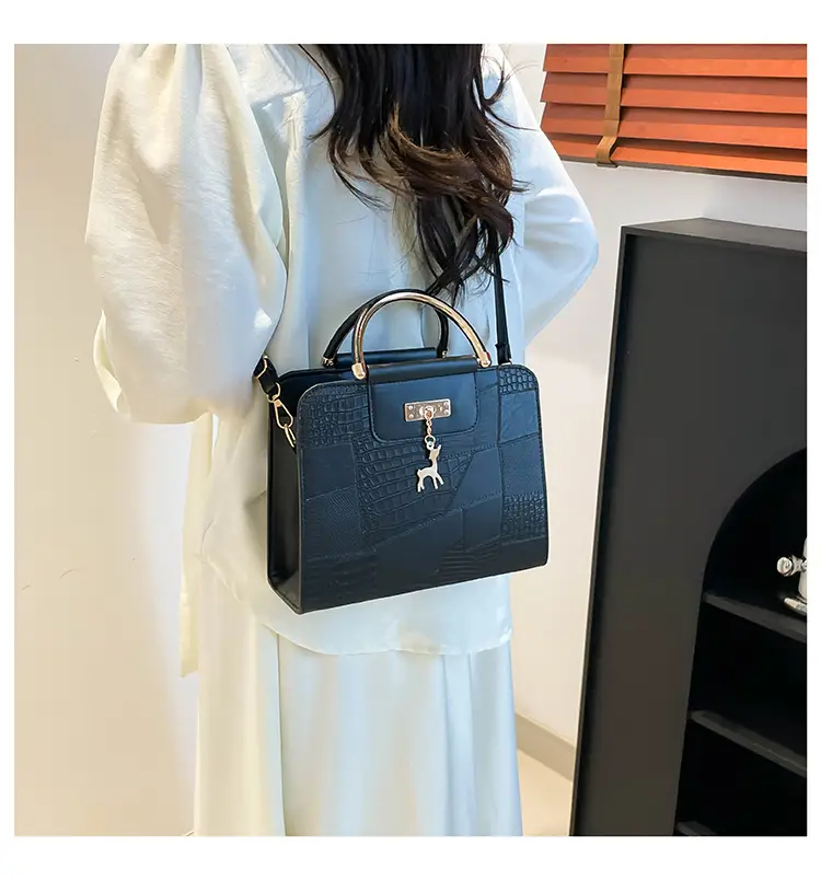 Women's Light Blue Croc Texture Shoulder Bag with Keychain — feature 17